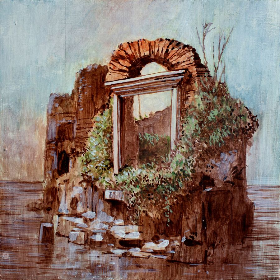 Island, 2021, Bistre on oak panel, 25 x 25 cm