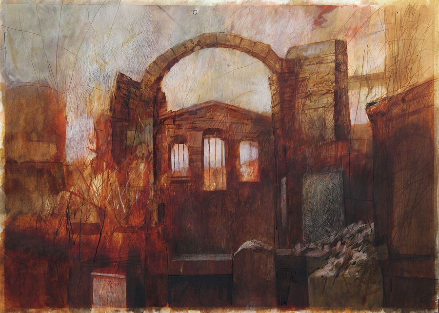 Red Church, 2022, Mixed media on paper, 50 x 70 cm