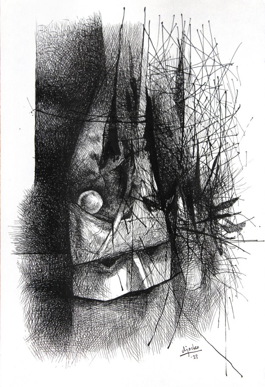 Setup ("Absentpaedia" series), 2023, Ink on paper, 19 x 27 cm.