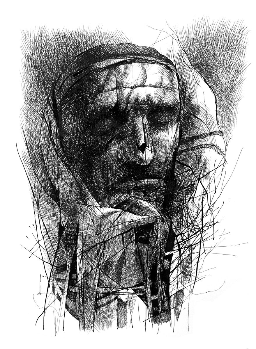 Hockerfather ("Absentpaedia" series), 2020, Ink on paper, 35 x 27 cm