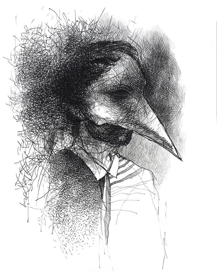 Masquerade ("Absentpaedia" series), 2019, Ink on paper, 35 x 27 cm